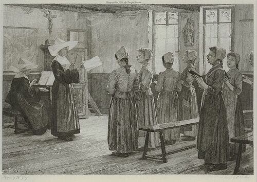 Enseñanza de un canto dentro de un monasterio francés, Charles Alphonse DeBlois (1893)