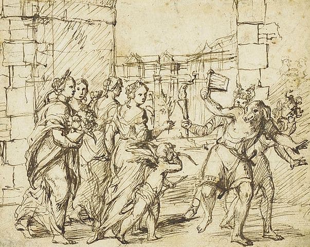"La fiesta de los Lupercales en Roma: Cupido y las personificaciones de la fertilidad se encuentran con los Luperci vestidos de perros y cabras", del Círculo de Adam Elsheimer (ca. 1600)