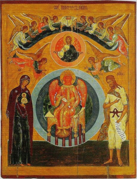 Icono de Sofía, la Sabiduría Divina, representada en la Iglesia de San Jorge en Vologda, Rusia (ca. siglo XVI)