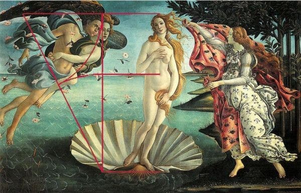 Sandro Botticelli, "El nacimiento de Venus" (1484) (Imagen: http://www.lanubeartistica.es/dibujo_artistico_1/Unidad3/DA1_U3_T3_Contenidos_v02/3_el_secreto_de_la_belleza_el_nmero_de_oro.html)